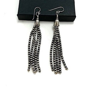5 Strands Navajo Pearl 925 Sterling Silver Dangle Earrings 3-1/4'' long