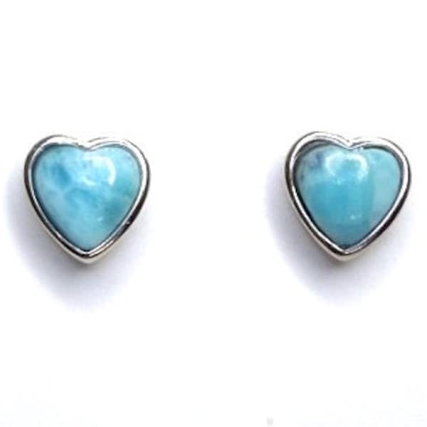 Natural 8mm AAA Dominican Heart Larimar Stud Post Earrings, 925 Sterling Silver