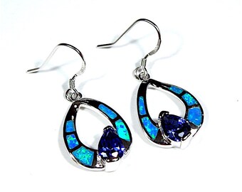 High Quality Tanzanite & Blue Fire Opal Inlay Solid 925 Sterling Silver Dangle Earrings