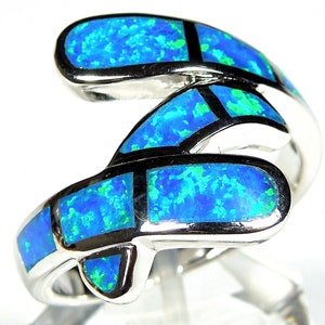 Blue Fire Opal Inlay Solid 925 Sterling Silver Ring Sizes 6 7 8 9