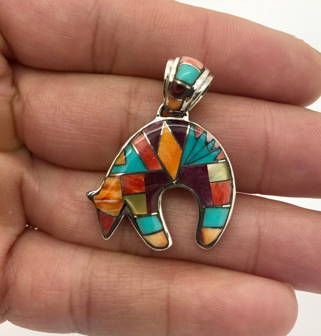 Genuine Multi Color Stone Inlay Solid 925 Sterling Silver Bear Pendant ...