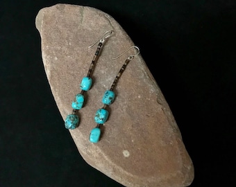 Navajo Made Kingman Turquoise 925 Sterling Silver Dangle Earrings