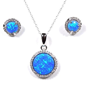 White Topaz & Blue Fire Opal 925 Sterling Silver Pendant  Earrings set 18&#39;&#39; Necklace. Free ship in USA