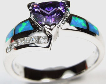 Trillion Cut Amethyst & Blauer Feuer Opal Inlay Echt 925 Sterling Silber Ring Größe 6,7,8,9