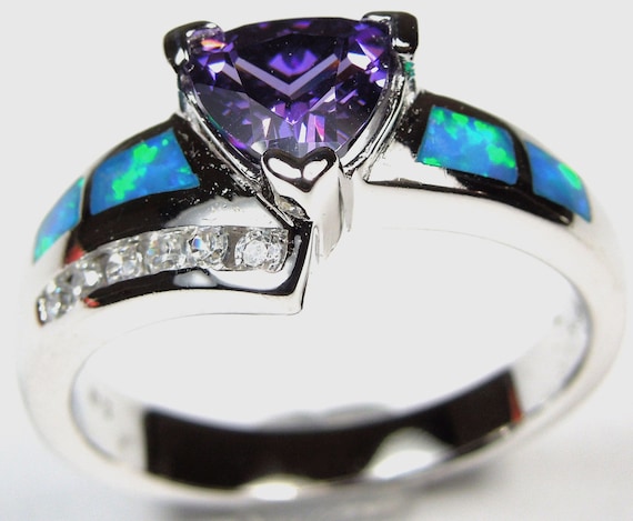 Trillion Cut Amethyst Blue Fire Opal Inlay Genuine 925 Sterling
