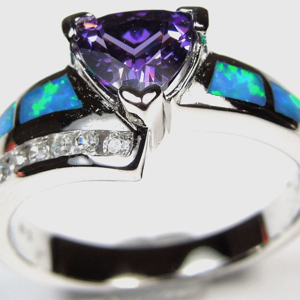 Trillion Cut Amethyst & Blue Fire Opal Inlay Genuine 925 Sterling Silver Ring size 6,7,8,9