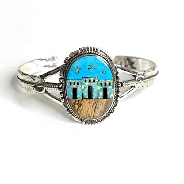 Multistones inlay 925 Sterling Silver, Southwest Style Pueblo Cuff Bracelet, Adjustable