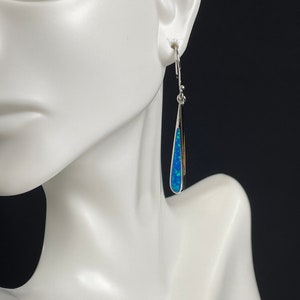 Blue Fire Opal Inlay 925 Sterling Silver Dangling Earrings 1-7/8'' long. Free ship in The USA