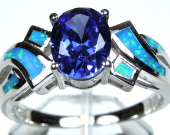 Tanzanite & Blue Fire Opal Solid 925 Sterling Silver Ring Size 6,7,8,9