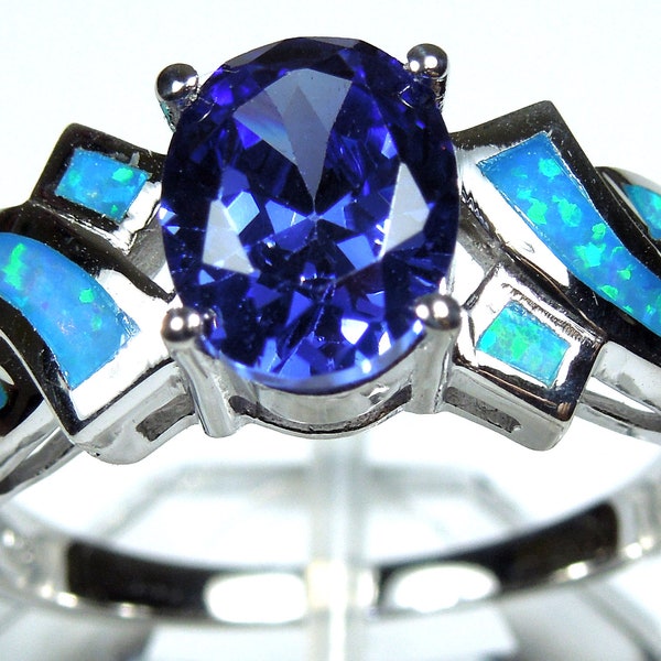 Tanzanite & Blue Fire Opal Solid 925 Sterling Silver Ring Size 6,7,8,9