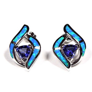 Tanzanite & Blue Fire Opal Inlay Genuine 925 Sterling Silver Stud Post Earrings