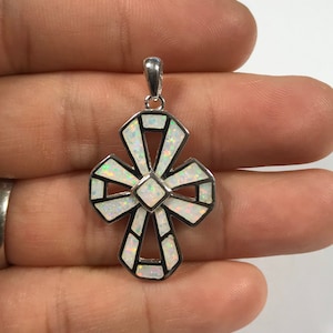 White Fire Opal Inlay Solid 925 Sterling Silver Cross Pendant