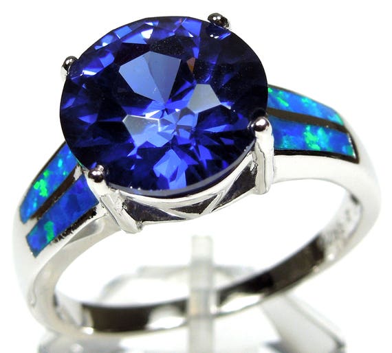 Tanzanite & Blue Fire Opal Inlay 925 Sterling Silver Woman Ring Sz 6,7,8,9. Free Shipping in USA