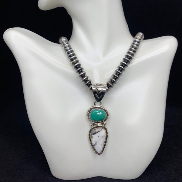 White Buffalo & Cerrilos Turquoise Pendant Necklace, Navajo made Sterling Silver, Chain is not inclued.