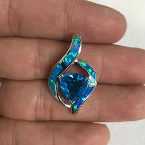Trillion Cut Blue topaz & Blue Fire Opal Inlay Solid 925 Sterling Silver Pendant