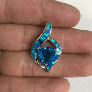 Trillion Cut Blue topaz & Blue Fire Opal Inlay Solid 925 Sterling Silver Pendant For Necklace. Free 18" silver chain