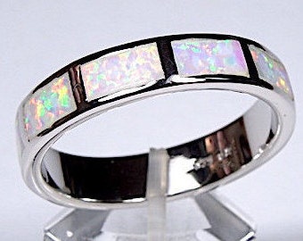 White Fire Opal Inlay Men&#39;s, Women&#39;s Ring Size 6-12. Sterling Silver Eternity Band ring.