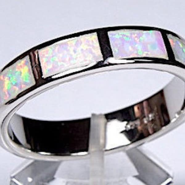 White Fire Opal Inlay Men's, Women's Ring Size 6-12. Sterling Silver Eternity Band ring.