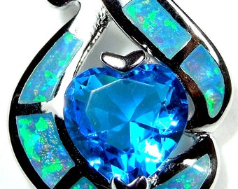 Blue Topaz & Blue Fire Opal Inlay Solid 925 Sterling Silver Heart Pendant Necklace