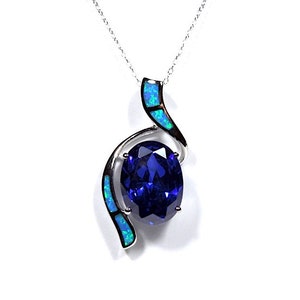 Blue Fire Opal & Tanzanite Inlay 925 Sterling Silver Pendant Necklace 18''. Free shipping in USA