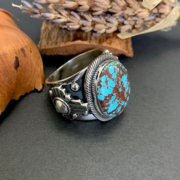 Genuine Huge Kingman Turquoise 925 Sterling Silver Zia Men's Ring Size 13.5 Navajo Handmade.