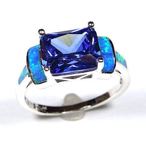 Tanzanite & Blue Fire Opal Inlay Sterling Silver Jewelry Ring size 6,7,8,9