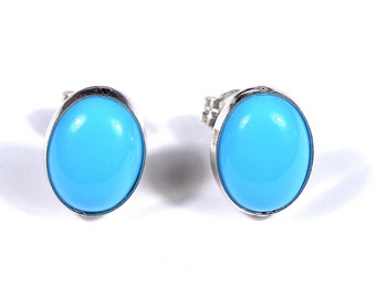 9x7mm Genuine Sleeping Beauty Turquoise & 925 Sterling Silver Oval Stud Post Earrings - Made in USA