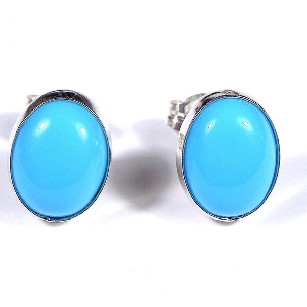 9x7mm Genuine Sleeping Beauty Turquoise & 925 Sterling Silver Oval Stud Post Earrings - Made in USA