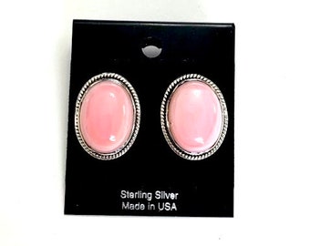 Oval Pink Conch stud earrings, 925 Sterling Silver, Handmade earrings