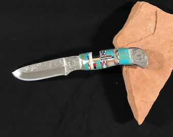 Navajo Style Engraved Boot Knife with Multicolor Inlay & Turquoise 8-1/4" long