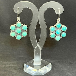Genuine Kingman Turquoise 925 Sterling Silver Southwestern Cluster Dangle Earrings