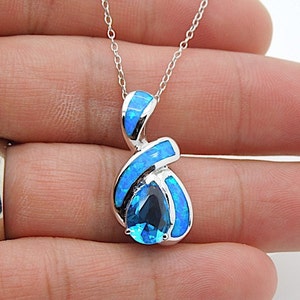 Brand New 18&quot; Necklace with 925 Sterling Silver Blue Topaz & Blue Fire Opal Inlay Pendant. Free shipping in USA
