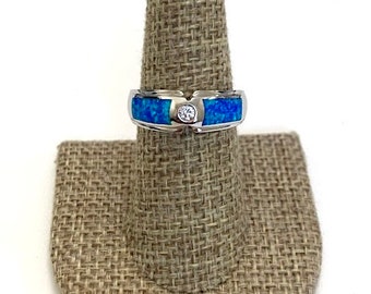 Blue Fire Opal Inlay 925 Sterling Silver Men's & Woman Band Ring Sizes 8-9