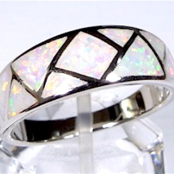 Handcrafted White Fire Opal Inlay Solid 925 Sterling Silver Ladies Band Ring Sizes 6-9