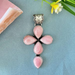 Handcrafted Pink Queen Conch Shell Sterling Silver Cross Pendant