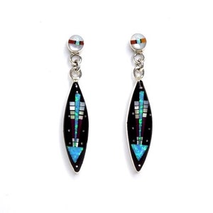 Multistones, Black Onyx & Fire Opal Inlay 925 Sterling Silver Post Dangle Earrings 1-5/8&#39;&#39; long