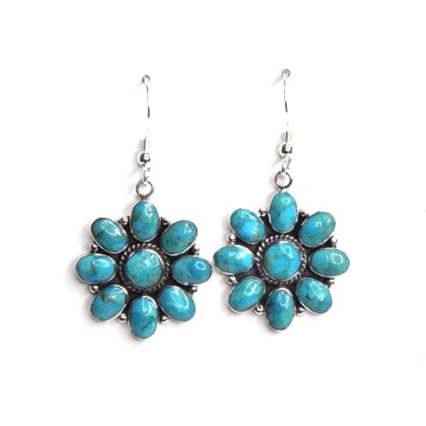 Genuine Turquoise 925 Sterling Silver Dangle Earrings 1-3/4'' long