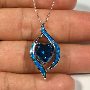 Heart Blue Topaz and Blue Fire Opal inlay 925 Sterling Silver 18" Necklace