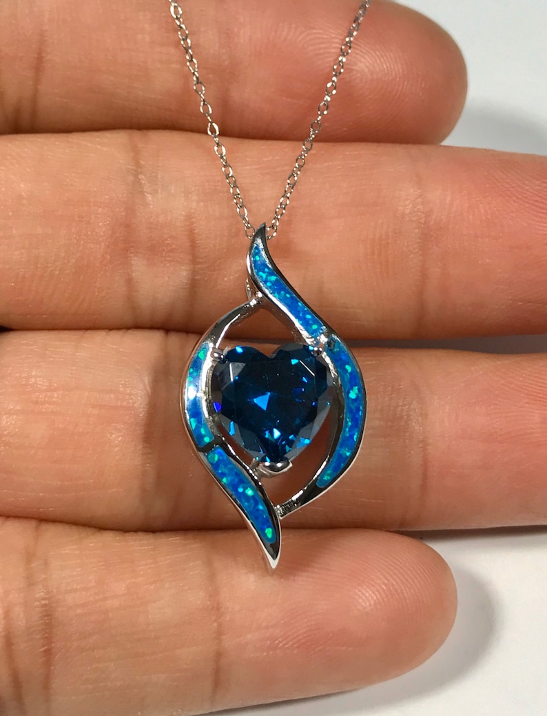 Heart Blue Topaz and Blue Fire Opal inlay 925 Sterling Silver 18 Necklace