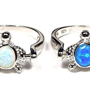 Reversible Blue & White Fire Opal Solid 925 Sterling Silver Turtle Ring sz 6 - 9