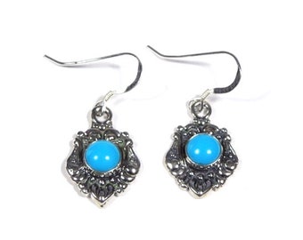 Genuine 6mm Sleeping Beauty Turquoise 925 Sterling Silver Dangle Earrings- Made in USA