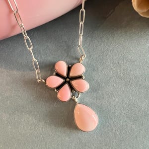 Pink Conch Shell & Sterling Silver Cluster Flower Necklace