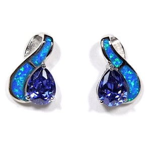 Tanzanite & Blue Fire Opal Inlay Genuine 925 Sterling Silver Stud Post Earrings