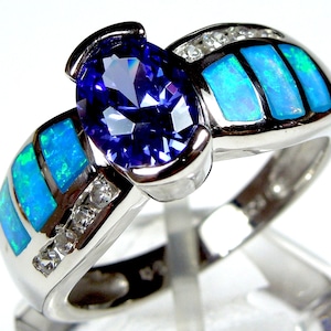 Tanzanite & Blue Fire Opal Inlay 925 Sterling Silver Ring Sz 6,7,8,9