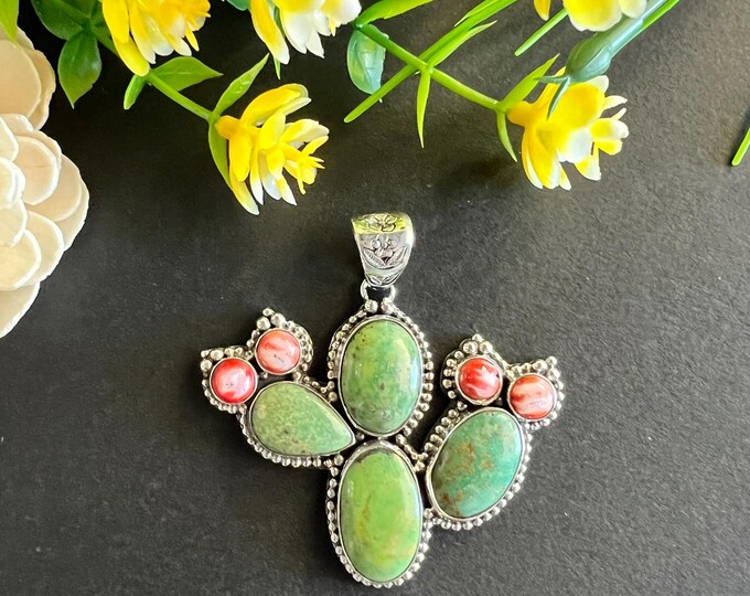 Handcrafted Green Pixie Turquoise Southwestern Cactus Pendant Sterling ...