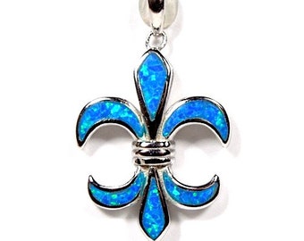 Fleur De Lis Blue Fire Opal Genuine 925 Sterling Silver Pendant