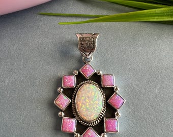 Handcrafted Pink & White Opal 925 Sterling Silver Southwest Cluster Pendant