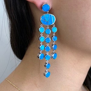 Blue Fire Opal Inlay 925 Sterling Silver Chandelier Earrings 3&#39;&#39; long. Free ship in The USA