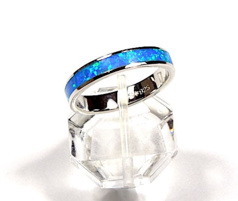 Blue Fire Opal Inlay Solid 925 Sterling Silver Band Ring Sizes 6,7,8