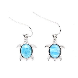 AAA Genuine Dominican Larimar Inlay 925 Sterling Silver Turtle Dangle Earrings